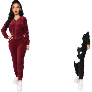 Women's Plus Size 3-Piece Velvet Set Long Zipper <b>Hoodie</b> Lace Bra Cropped Pants Solid <b>Velour</b> Sweatsuit Tracksuit Winter Wholesale - Product Image 5