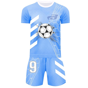 Uniforme de Fútbol Profesional, Conjunto de Camiseta y Pantalones Cortos, Impreso, 100% Poliéster, Azul Cielo y Blanco, Ligero, de Secado Rápido, Geométrico - Product Image 1