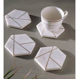 Ensemble de sous-verres artisanaux blancs en marbre de haute qualité avec support en métal incrusté de marbre motif absorbant sous-verres en pierre tapis de cuisine/tampon - Product Image 6