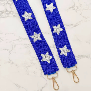 Correa de Bolso Bordada con Cuentas de Estrellas Blancas y Azul Rey, Correa Ancha Estilo Guitarra, Correa de Repuesto para Bolso Cruzado, Accesorios Hechos a Mano - Product Image 1