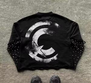 Sweat-shirt personnalisé Rhinestone Distressed T-shirt unisexe oversize à manches longues double couche brodé et respirant - Product Image 2