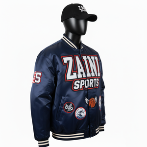 Veste universitaire en satin brillant de qualité supérieure 220GSM Bleu marine Broderie personnalisée Logo Aigle Patchwork Drapeau américain Veste en satin pour hommes - Product Image 2