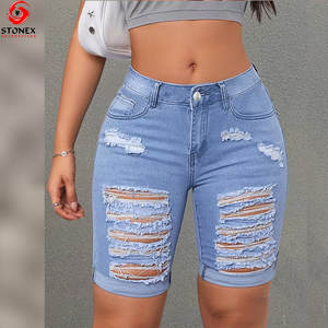 Shorts en jean pour femmes avec logo personnalisé, design d'été, denim pur en coton, délavé, style streetwear, shorts en jean - Product Image 3