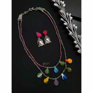 Ensemble de bijoux de mode en pierre multicolore double couche comprenant un collier et des boucles d'oreilles - Product Image 1