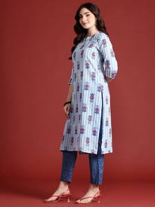 <b>women</b> Floral Printed Pure Cotton Kurta With Trousers & Dupatta indian pakistan salwar kameez <b>suit</b> - Product Image 2