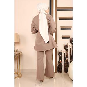 MSW19129-3 Conjunto casual de dos piezas con top midi de manga larga y cuello redondo, 100% poliéster, con dobladillo dividido - Product Image 5