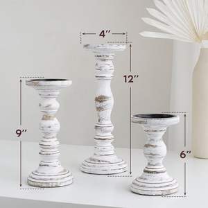 Handmade Round Mangowood Farmhouse Style <b>Candle</b> Holders for <b>Pillar</b> <b>Candles</b> (Whitewash Set of 3) - Product Image 1