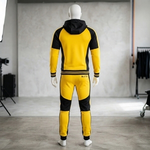 <b>Men</b> Yellow Black Hoodie Tracksuit Set Colorblock <b>Pullover</b> Sweatshirt Jogger Pants Sportswear Training Gym Fitness Activewear Pro - Product Image 2