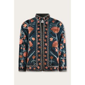 Autumn Winter Ladies Outerwear Embroidered Velvet <b>Jacket</b> Petrol Coral Floral Embroidery Reversible Quilted Short Length XL Size - Product Image 1