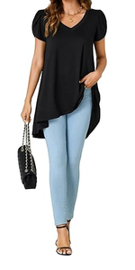 Tunique élégante pour femmes, noire, manches courtes, matière de qualité supérieure, style évasé, longueur confortable, col en V, idéale pour un usage quotidien - Product Image 6