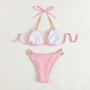 2024 nouveau licou métal anneau sangle chaîne trois points Type Crochet femmes matures Bikinis ensemble - Product Image 4