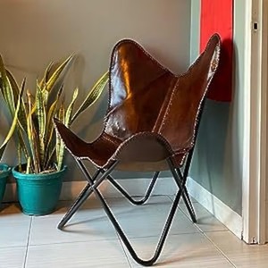 Silla de mariposa de cuero marrón antiguo, silla de ocio plegable hecha a mano, marco de hierro, estilo rústico para el hogar, oficina, sala de estar interior - Product Image 1