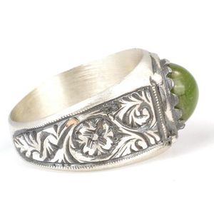 Anillo de Plata de Ley 925 para Hombre con Piedra de Ámbar Verde Prensado, Diseño de Pluma Hecho a Mano, Uso Diario, Turquesa, Rodio, Certificado IGI - Product Image 3