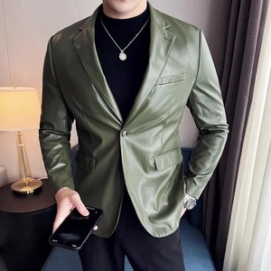 High Quality <b>Leather</b> <b>Jacket</b> Men Single Button Slim Fashion <b>Leather</b> <b>Blazers</b> Male Business Casual Suit Coats Solid PU Outwear Man - Product Image 4