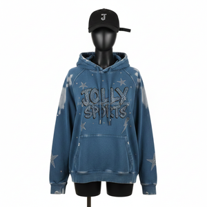 Sweat à capuche pour femme en coton molletonné premium 320GSM, couleur bleue, avec logo personnalisé en strass, motif étoiles scintillantes, lavage à l'acide, tendance - Product Image 1