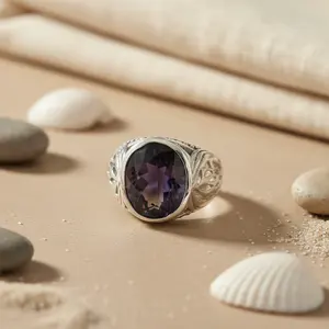 925 Silver Men's <b>Statement</b> <b>Ring</b> with Oval Topaz Cut Rhodium Plated Sapphire Fine Jewelry for Gifts - Product Image 1