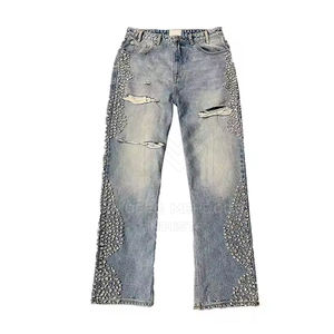 Venta al por mayor último diseño de pantalones de cintura media personalizado ligero patrón recto decoración de diamantes de imitación 100% algodón estilo callejero Pakistán - Product Image 1