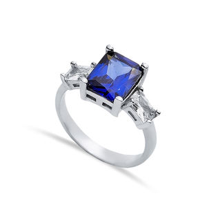 แหวนตัดสี่เหลี่ยม Tanzanite Baguette ตัดเป็นหิน CZ ทำด้วยมือแบบตุรกี925เครื่องประดับเงินสเตอร์ลิง - Product Image 1