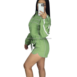 New Trendy Woman Clothes Sets Y2k Lounge Tracksuit Contrast Color Long Sleeve <b>Zip</b> Windbreaker Jacket <b>Shorts</b> 2 Piece Set Outfits - Product Image 5