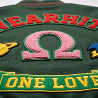 Jaket Varsity Chenille Patch All Over dengan Lengan Kulit Hitam Forest Wool, Jaket Letterman One Love OEM