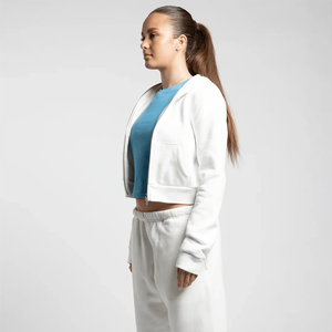 Sweat-shirt à capuche zippé court blanc pour femme, personnalisé, entièrement zippé, en molleton, avec logo frontal, veste streetwear, marque privée, mode - Product Image 4