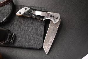 Navaja de bolsillo plegable EDC para exteriores con logotipo personalizado con bloqueo de revestimiento, suministro de fábrica de acero de Damasco forjado a mano para acampar - Product Image 3