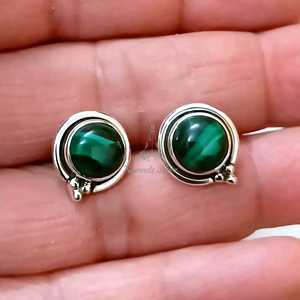 Pendientes de Malaquita, Plata de Ley 925, Hechos a Mano, con Piedras Preciosas Redondas - Product Image 2