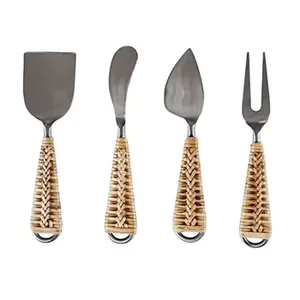 Juego de servidor de mantequilla de 4 cabezas de plata de acero inoxidable, mango de ratán de diseñador, utensilios de cocina, cubiertos de mesa, cubiertos - Product Image 1