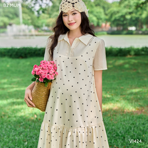 V1424 Summer Maternity Dress Fishtail Polka Dot Soft Cool Spandex Sweat-Absorbent Fabric Side Pockets Adjustable Elastic Buttons - Product Image 4