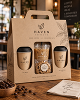 Boîte cadeau personnalisée pour café AT PACK avec poignée |   Boîte d'emballage à emporter pour 3 gobelets avec logo pour café, salons de thé et boissons