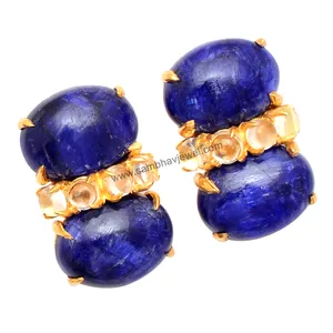 珠宝耳环染色蓝宝石和柠檬椭圆形刻面耳环钻石珠宝套装925纯银