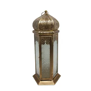 Ramadan Decorative Glass & Iron Hanging Moroccan Lantern With T-Light Holder Large Size Gold Colour For Table Top Decoration