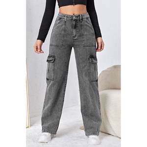 Pantalones vaqueros cargo grises de cintura alta estilo coreano para mujer, con múltiples bolsillos, estilo urbano, modernos, duraderos, tallas 26-40 - Product Image 1