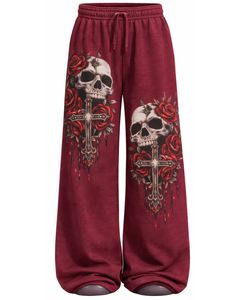 Pantalons de survêtement à jambes larges personnalisés avec imprimé de crâne de rose de couleur bordeaux pour femmes, style gothique surdimensionné, streetwear, pantalon de jogging en molleton OEM - Product Image 1