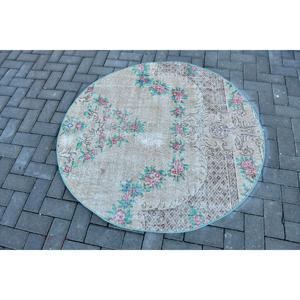 Turkish Rectangle Rug 4.3x4.4 ft Vintage <b>Brown</b> <b>Wool</b> Eco Friendly Rug with Patchwork Pattern and Latex Backing - Product Image 3