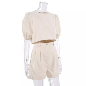 Ensemble chemise à manches courtes pour femmes, mode d'été, décontracté, Short, manches bouffantes, Top, ensemble deux pièces, 2022 - Product Image 4