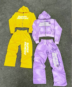 Custom 100% <b>Cotton</b> Unisex Winter Print Applique Embroidery Patchwork <b>Raw</b> Edge Rhinestone Fleece Breathable Tracksuits - Product Image 5