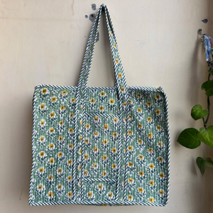 Bolso grande de algodón acolchado con volantes, ecológico, sostenible, resistente, para compras de comestibles, hecho a mano, bloque Vintage impreso Boho - Product Image 1