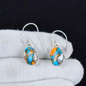 Boucles d'oreilles Turquoise épineuse orange 925 en argent Sterling fait à la main bijoux pendants en pierres précieuses cadeau de Style Boho ethnique Unique pour elle - Product Image 2