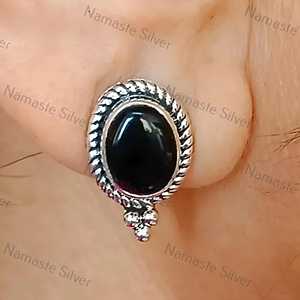 925 Sterling Silver Black Onyx <b>Earrings</b> July Birthstone Jewelry Natural Black Onyx Oval Stud <b>Posts</b> Gold Handmade Unique Gemstone - Product Image 1
