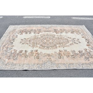Alfombra turca Vintage clásica Beige gris de 5,6x8,9 pies, diseño de retazos hecho a mano, lana, Material de seda de bambú, respaldo de látex para la vida - Product Image 3
