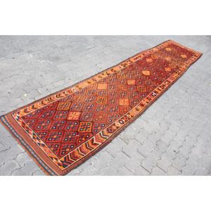 2.9x13.5 ft Turkish Vintage Patchwork Rug Eco-Friendly Herki <b>Brown</b> <b>Wool</b> Runner Rug with Latex Backing - Product Image 2