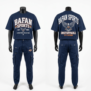 เสื้อยืดคอตตอนพรีเมียม 220 GSM ลายกราฟิก และกางเกงคาร์โก้ ชุดเซ็ตสำหรับผู้ชาย สีกรมท่า พิมพ์โลโก้ตามสั่ง - Product Image 1