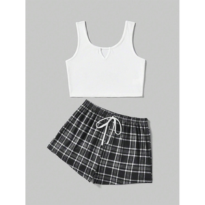 Custom High Quality Summer Custom Logo Solid Color Sleeveless <b>Top</b> <b>Checkered</b> Shorts Pajama Set - Product Image 1