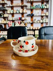 Red Ceramic Hand-kneaded Niche Hand-painted <b>Cups</b> and <b>Saucers</b> Set Wholesale Hand-painted Irregular Shape - Product Image 2