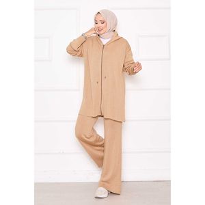 Autumn Casual Two-Piece <b>Set</b> Gold Shimmering Print Hooded <b>Knit</b> with Zip-Up Feature Formal Print Style - Product Image 3