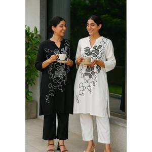 Kurti en coton pour femmes indiennes avec pantalon pour l'été Pantalon de costume décontracté élégant Bureau Vacances vente en gros Cordon Ensemble Indien Ethnique - Product Image 1