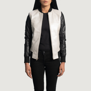 Women's Genuine <b>Leather</b> Bomber <b>Jacket</b> Solid Color Contrast Sleeve Stand Collar Zipper Closure Autumn Wear - Product Image 1