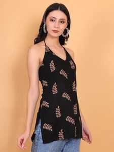 Kurti sin mangas con cuello halter y estampado floral, estilo veraniego, negro y marrón, kurti recto, ropa de moda para mujer - Product Image 6