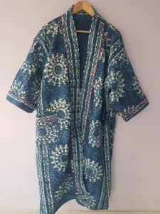 Venta al por mayor de temporada azul Kantha edredón Kimono para mujer estampado cosido 100% algodón bata volantes proveedor indio natural - Product Image 4